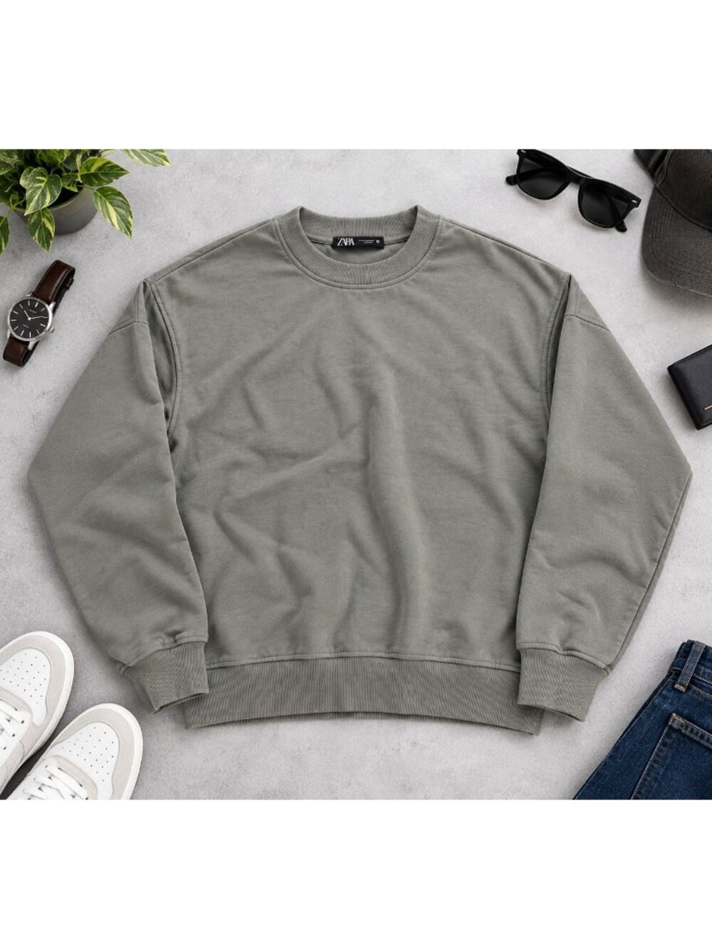 Zara Mens Green Crewneck Sweatshirt Cotton Blend Size M